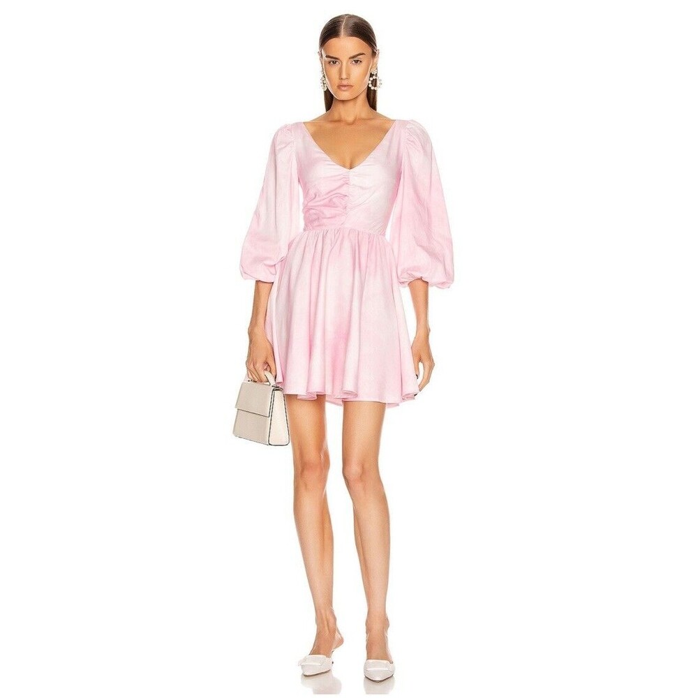 NWT Brognano Ruched Empire Waist Mini Dress Pink TieDye Puff Sleeve XS IT40 $495